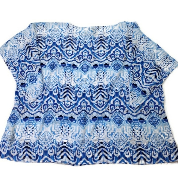 Chaps Blue White Semi Sheer Multiprint Short Dolman Sleeve Blouse Womens 3X - Picture 10 of 12